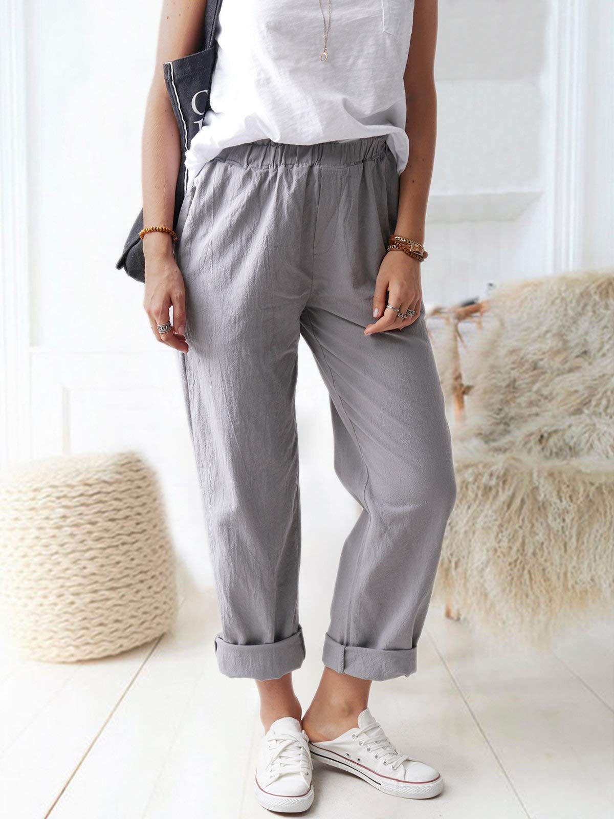 Women's Straight Pants Elastic Waist Casual Trousers Pants with Pockets Dark ... gallery