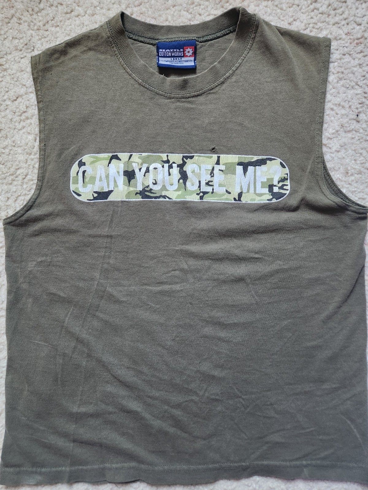 COTTON WORKS Men’s L Green Sleeveless Crew Neck Camo Graphic Knit T-Shirt