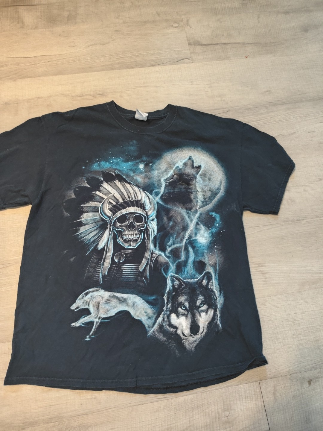 VTG Wolf Airbrush Art T shirt XL Gilden y2k Nature Moon Indian Black Short Sleev