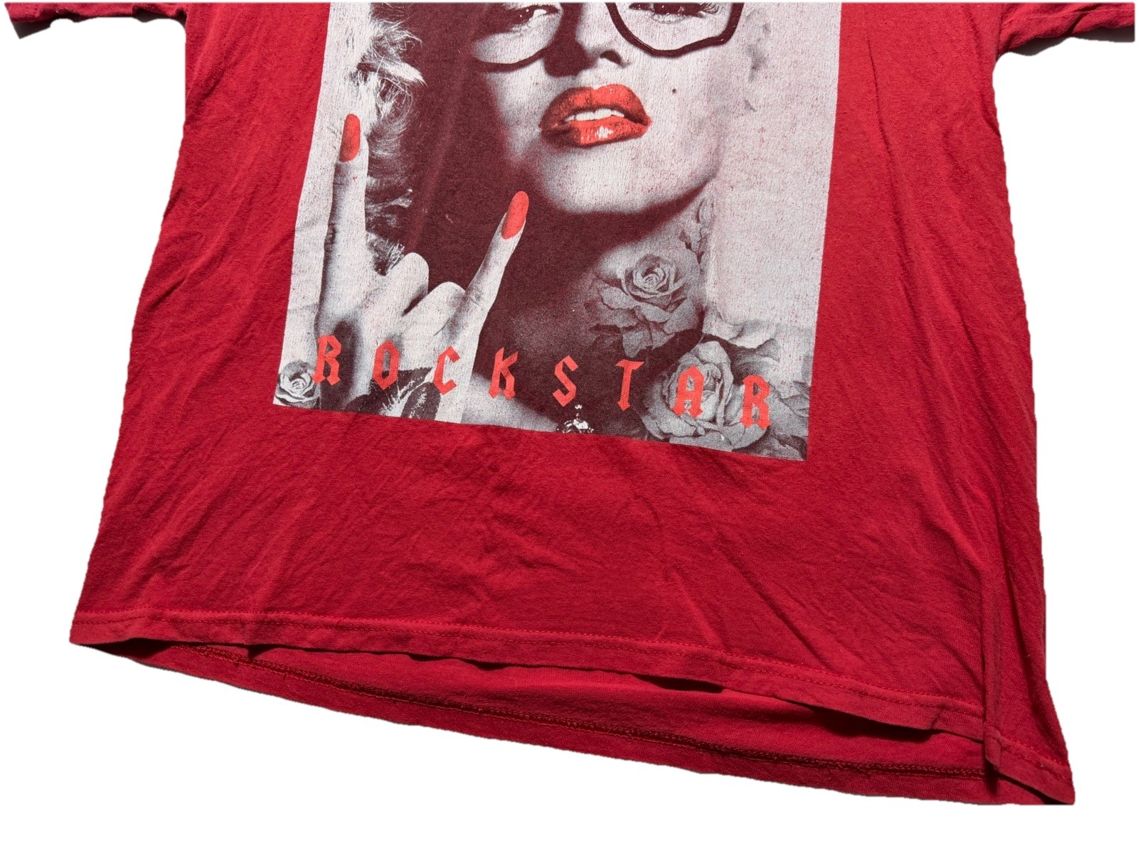 Y2K Rockstar XL Graphic Tee Red Edgy Tattoo Model Grunge Distressed Oversized gallery