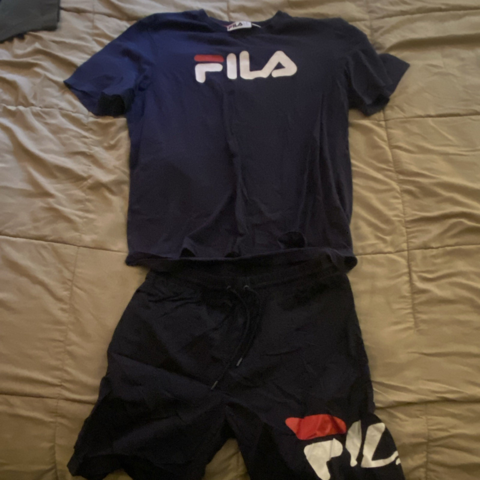 FILA Men’s Blue Logo Graphic Print Crew Neck Short Sleeve T-Shirt and Shorts