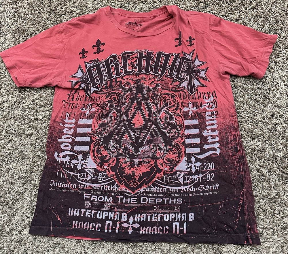 Archaic Affliction Shirt Red All Over Print Y2K Biker MMA Occult Punk Mens Sz XL