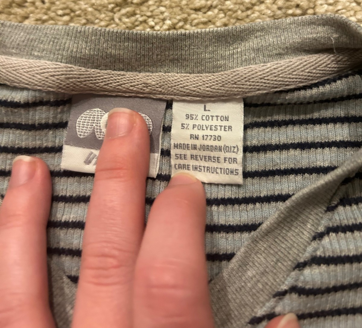 Vintage Utility Wear Knit V Neck Mens Blue and Gray Striped Ribbed Shirt Sz L gallery