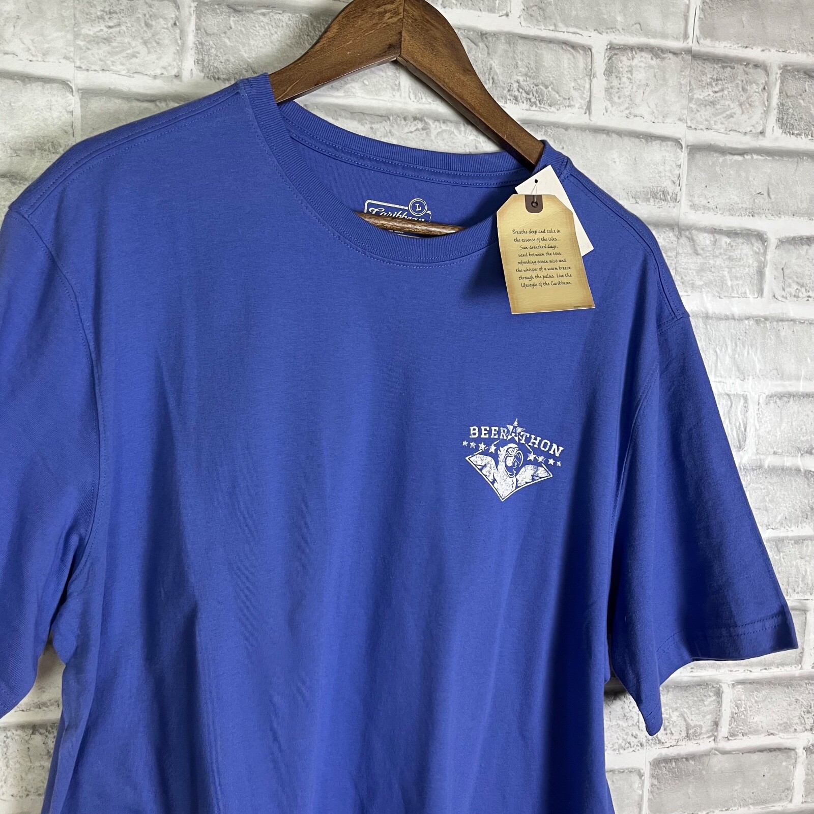 Caribbean Beer a Thon Finish Beer Here Parrot Crew T-Shirt Size Large Periwinkle gallery