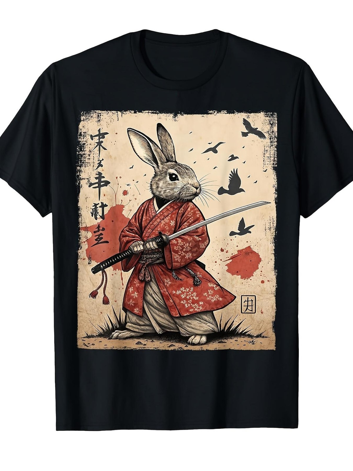 Samurai Rabbit Anime T-Shirt Japanese Retro Manga Graphic Streetwear Tee