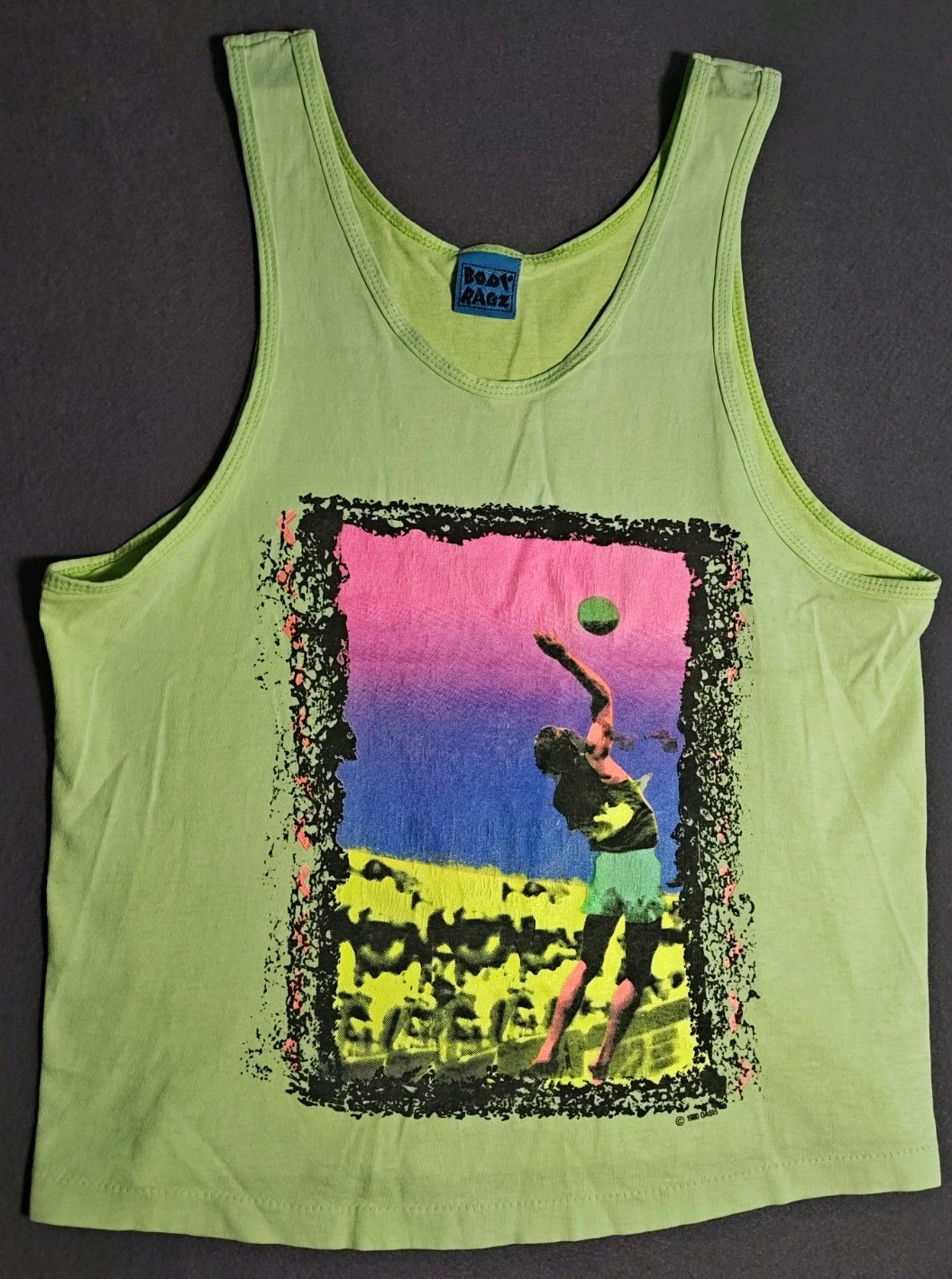 Vintage 1990 Body Ragz Volleyball Tank Top Neon Green Sz Med Oasis Zoo Crew Rare gallery