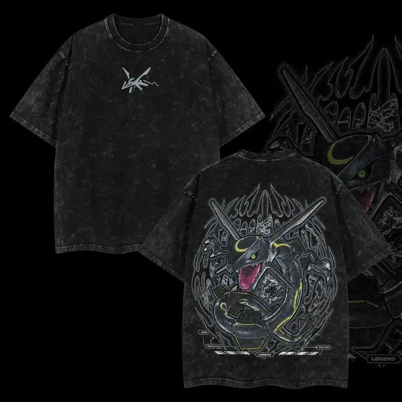 Rayquaza Vintage Unisex Anime Manga Acid Washed Heavyweight Cotton T-shirt