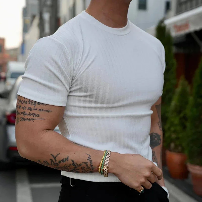 2025Summer Fashion Solid Color Ribbed Slim T Shirts Men Streetwear Classic Simpl gallery