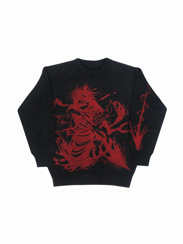 Men’s Bla Red Graphic Knit Sweater Crew Ne Oversized Casual Long Sleeve Pull