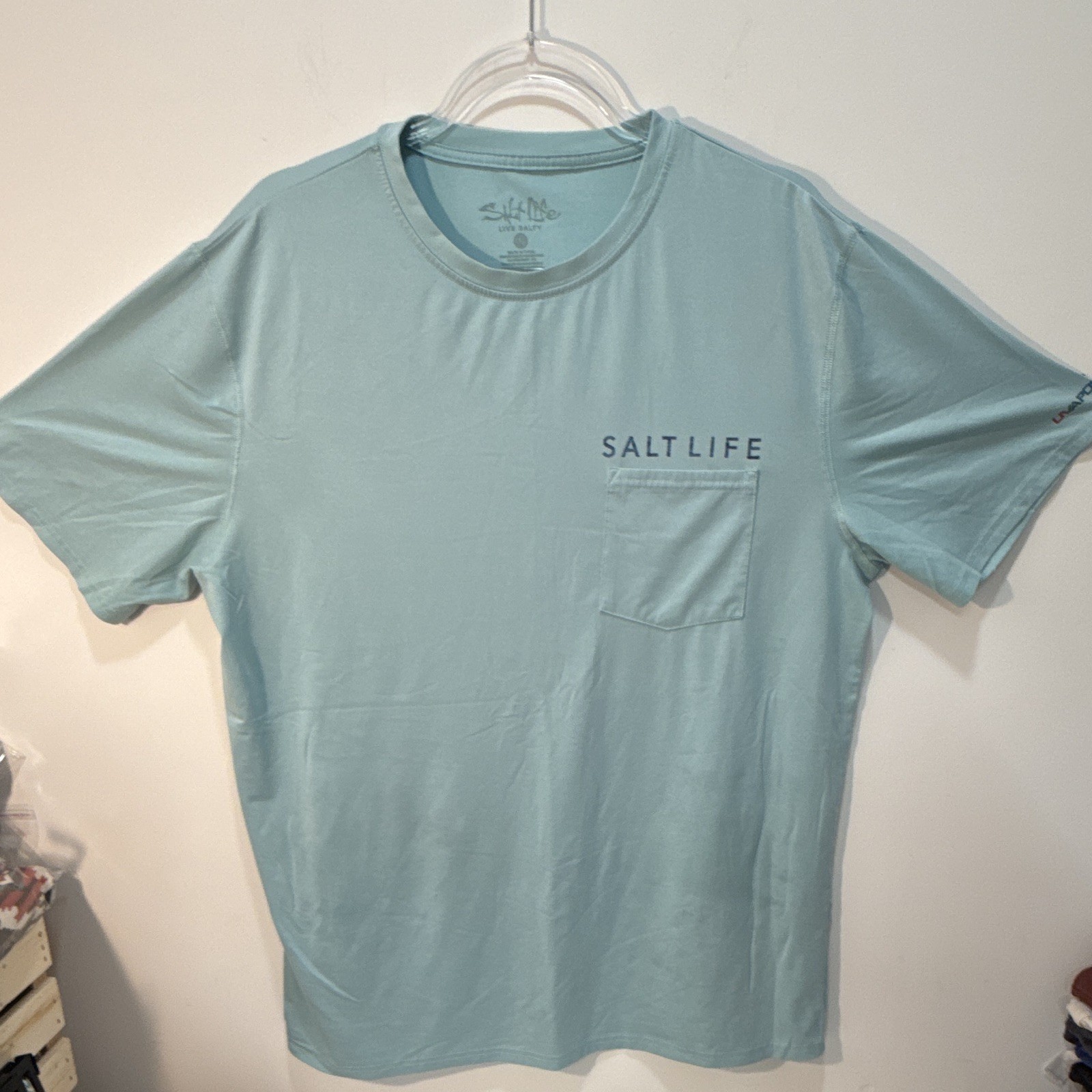 Salt Life Vapor Men’s Blue Graphic Logo Pocket Polyester Knit Tee Crew XL gallery