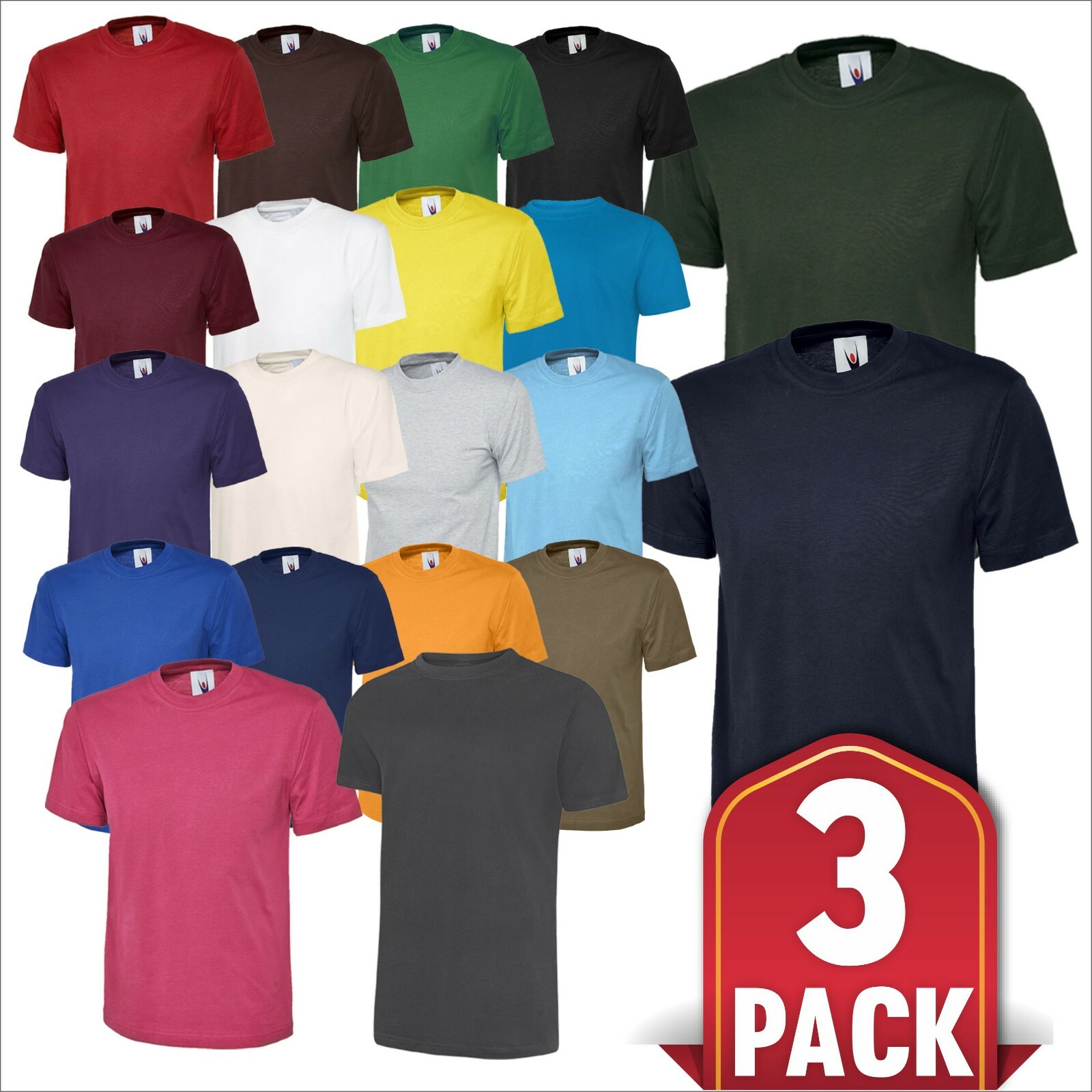 3 PACK Uneek Classic T-Shirt Mens Crew Neck Short Sleeve T 100% Soft Cotton Tee