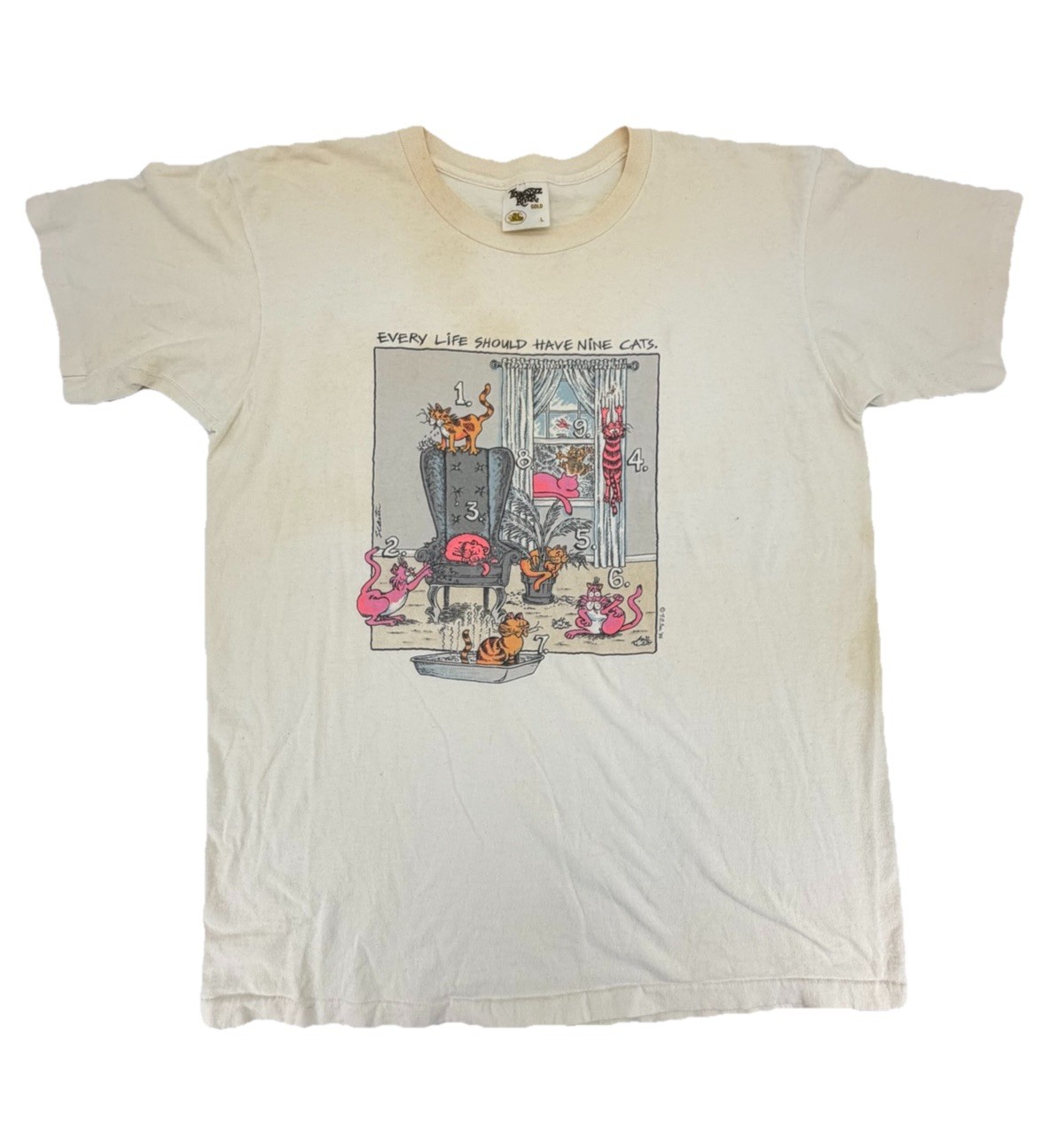 Vintage 90s Every Life Should Have Nine Cats Cartoon Parody Shirt Size Large