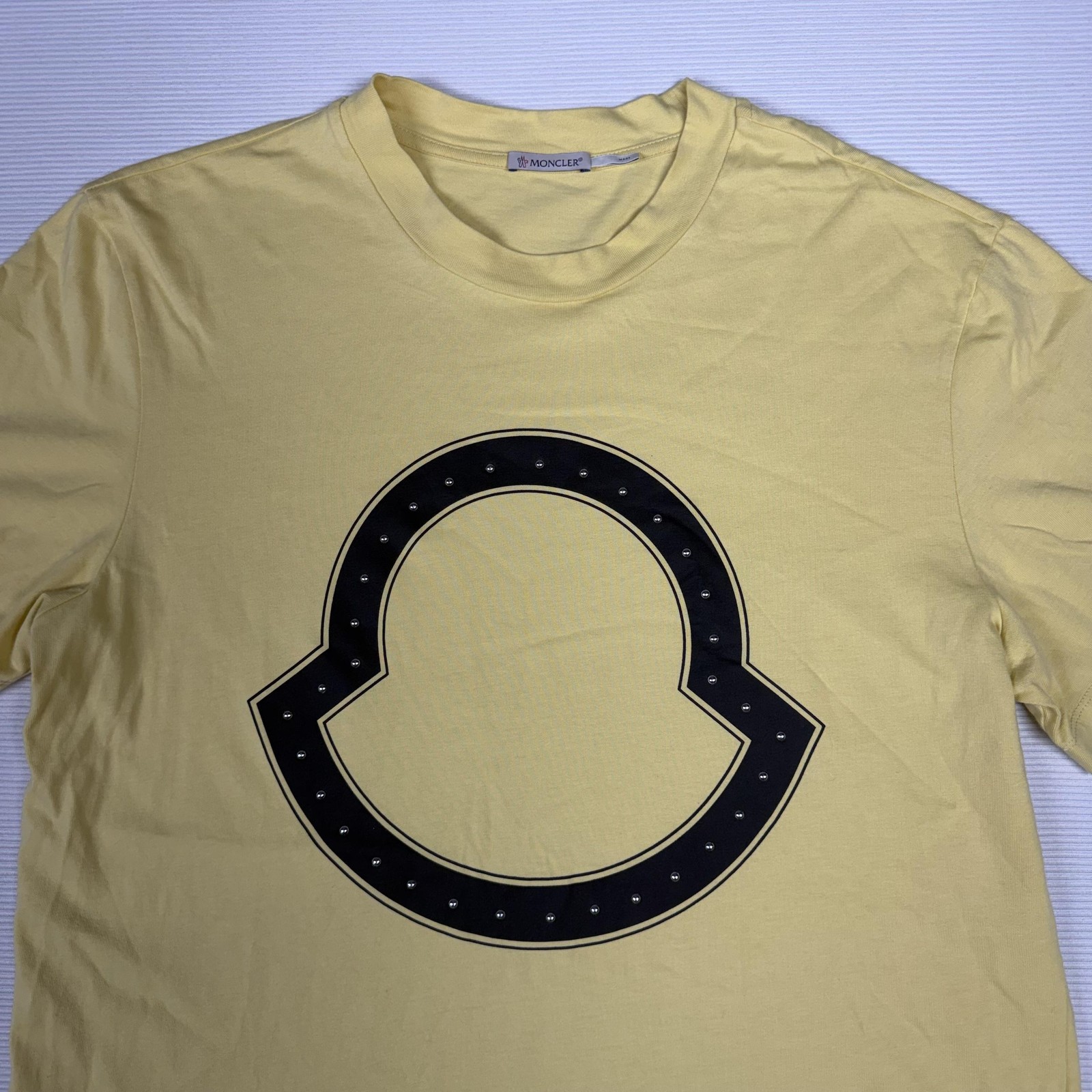 Moncler Shirt Mens Medium Yellow Big Logo Stud Graphic Tee Designer Streetwear gallery