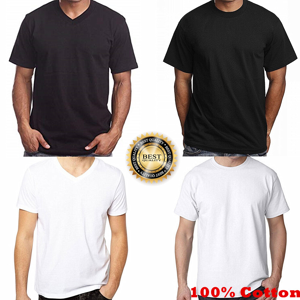 Men 100% Cotton Thick Casual T-Shirt Basic Tee Crew V-Neck White Black S-4XL LOT gallery
