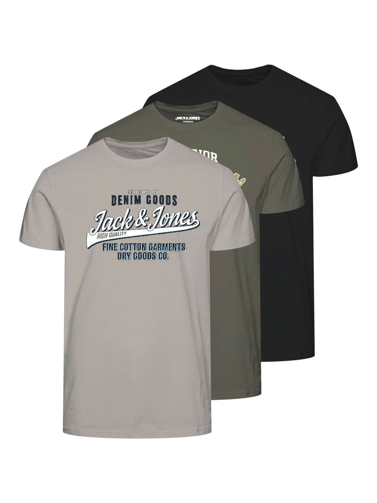 Jack & Jones 3 Pack JJETHAN Crew Neck T-Shirts – Olive/Black/Moonbeam