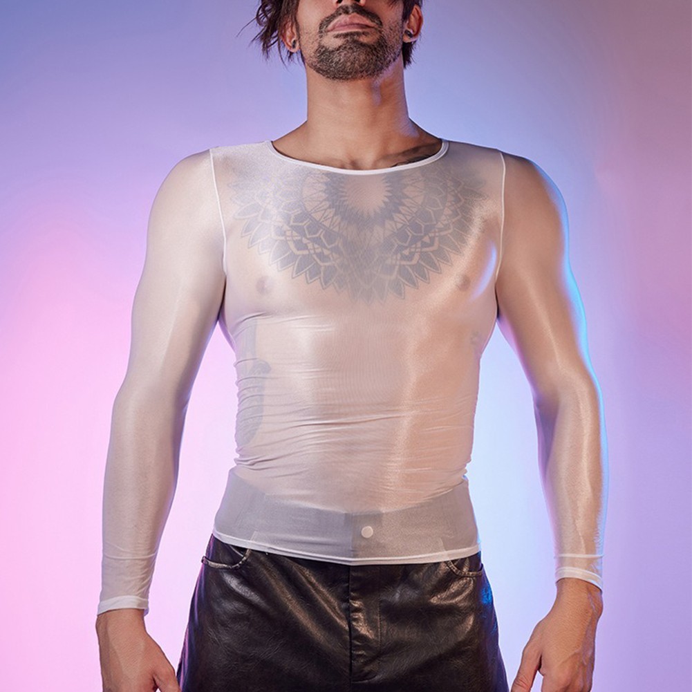 Sexy Lingerie Men's Oil Shiny Long Sleeve Sheer Tights O Neck Top Shirt gallery