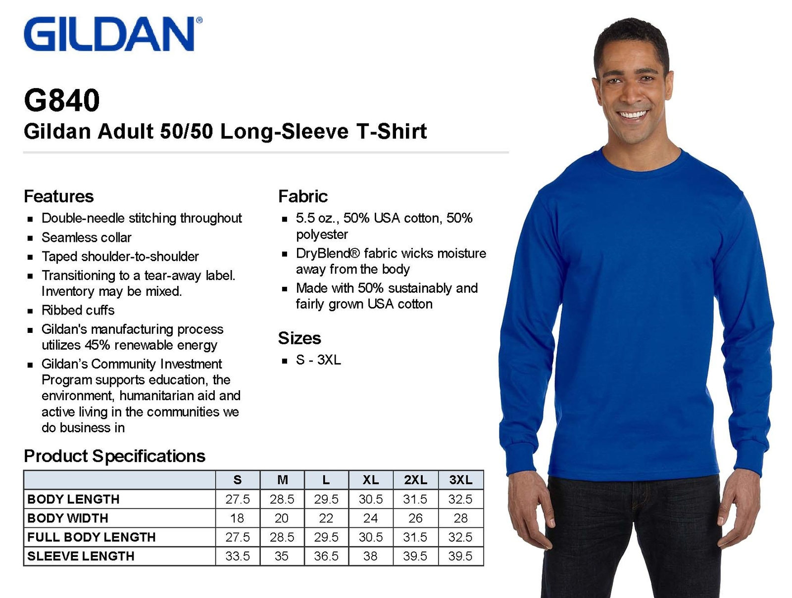 Gildan Mens T-Shirt Long Sleeve DryBlend 5.6 oz 50/50 Big Sizes BG840 gallery