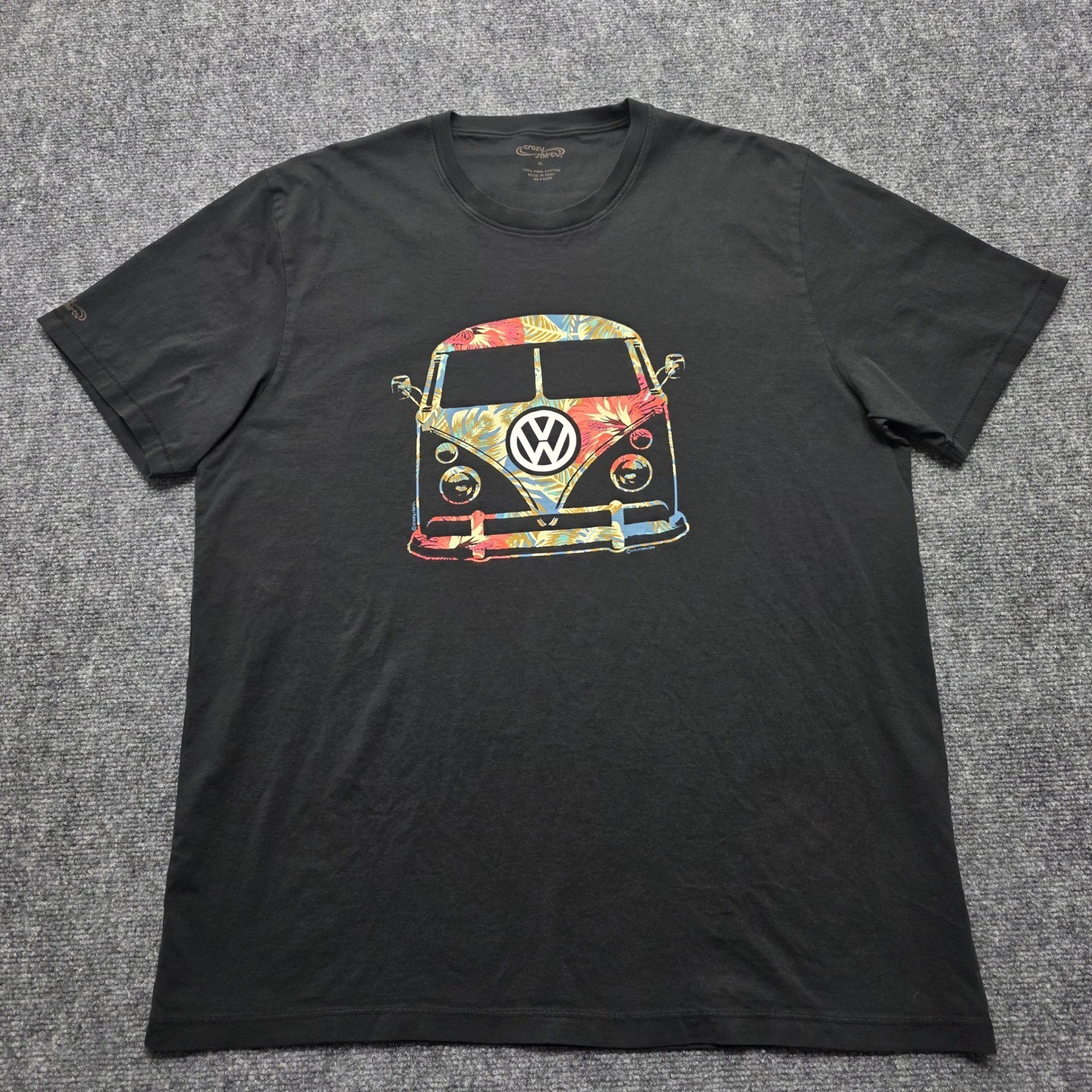 Crazy Shirt Men's XL Black Volkswagen VW Bus Floral Graphic Pima Cotton T-Shirt gallery