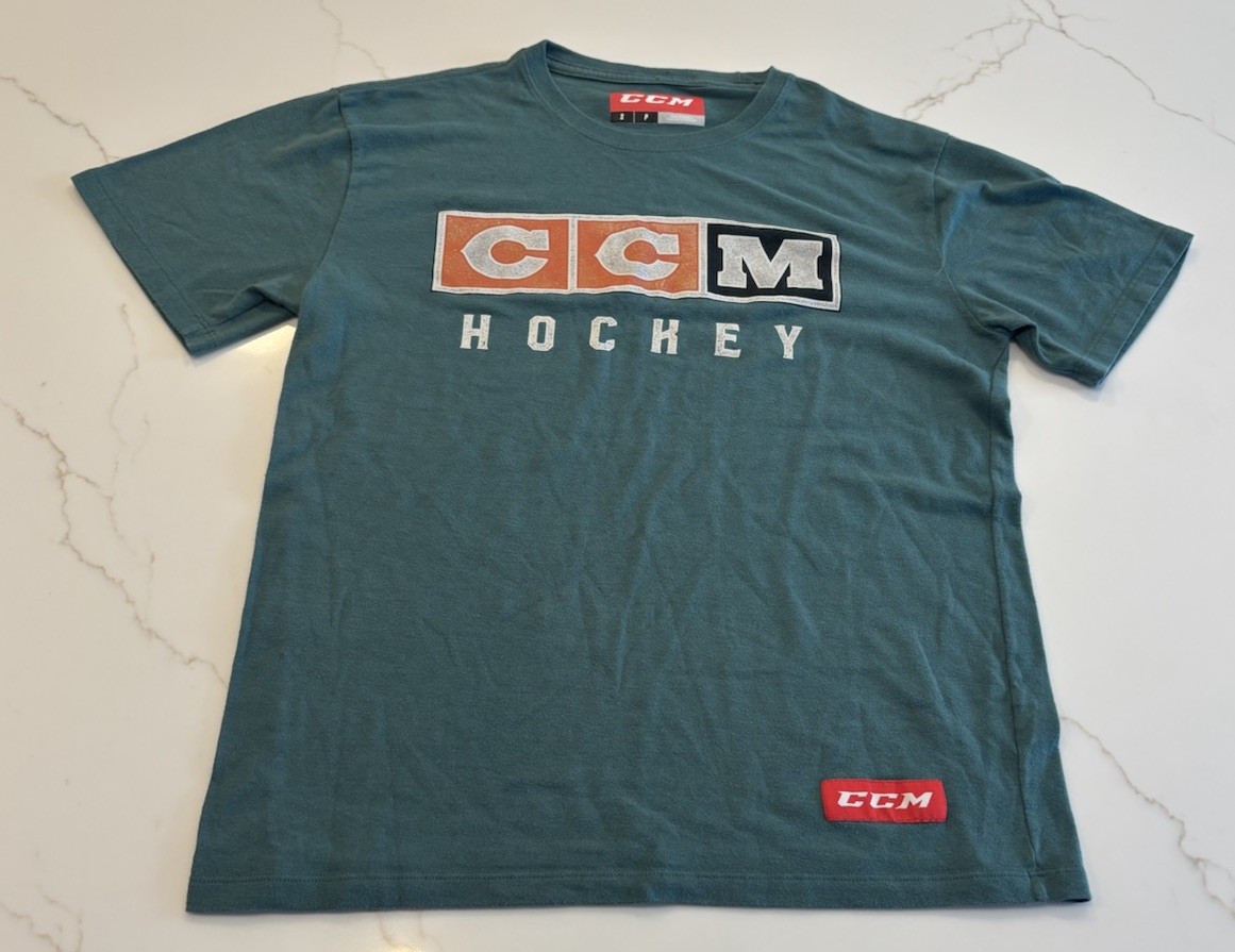 Vintage CCM Hockey T-Shirt Blue/Green 2000s Retro Block Logo Size Small