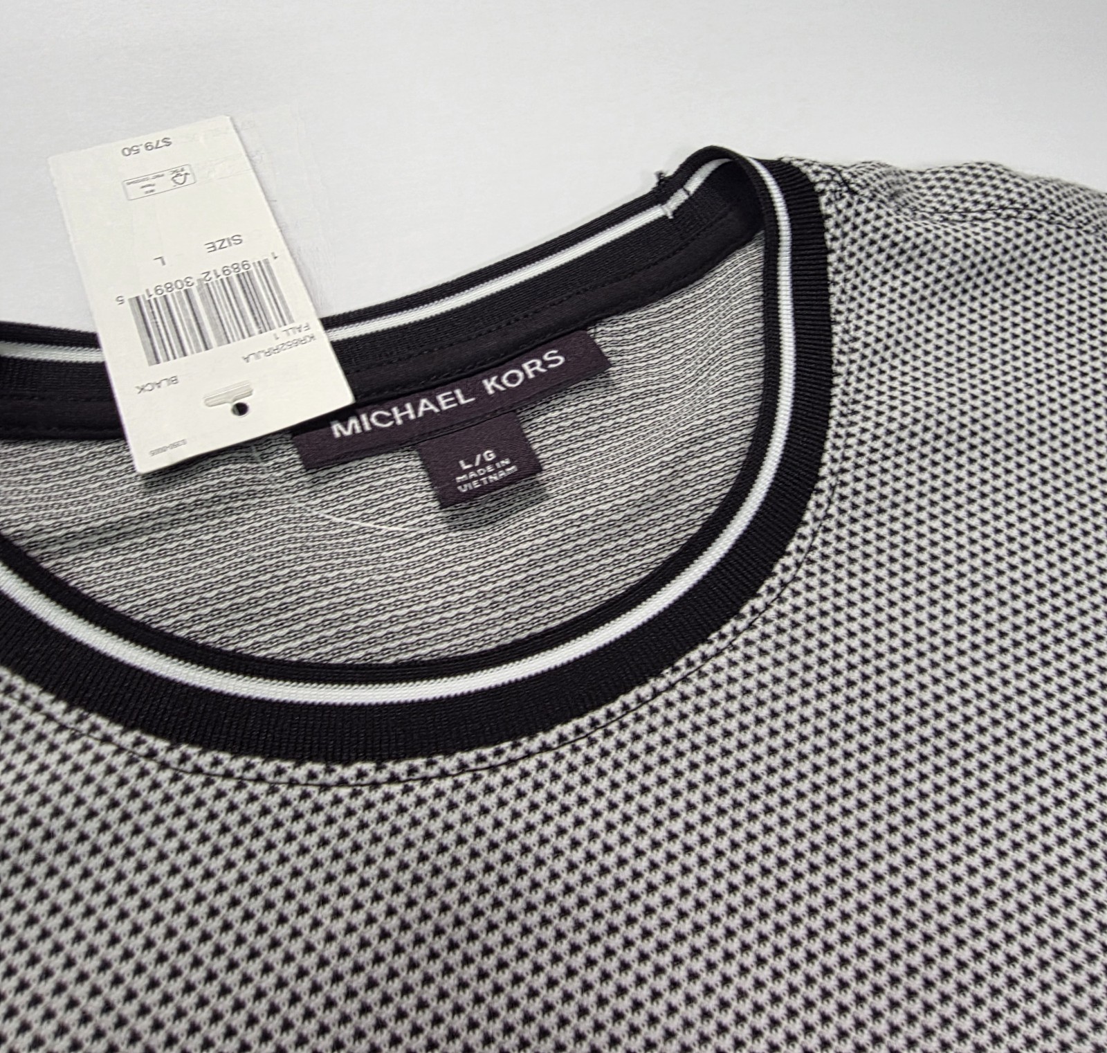 Men Large White/Blck Michael Kors SHRT SLV Ribbed Crew Neck Knitted T Shirt NWT gallery