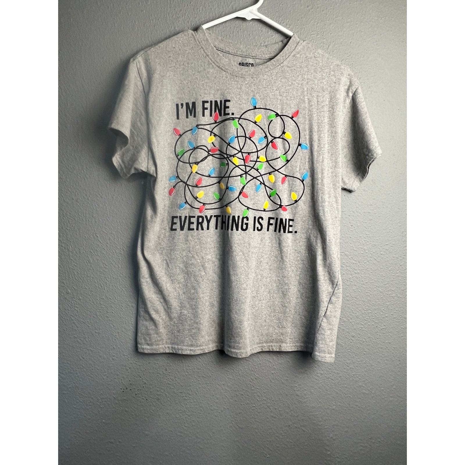 Brisco Brands Gray Im Fine Everything Is Fine Christmas Lights Novelty T-Shirt M gallery