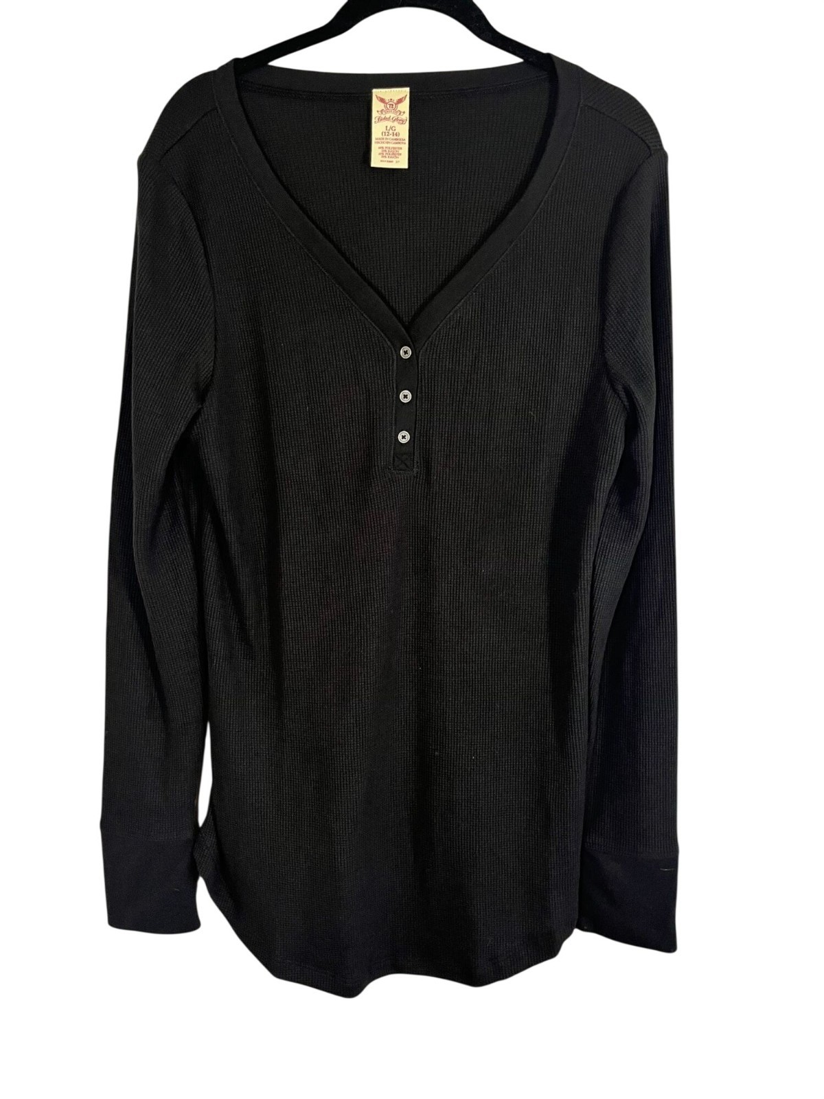 Neutral Waffle Knit Henley Black L Y2K Retro Minimalist Western Preppy Classic