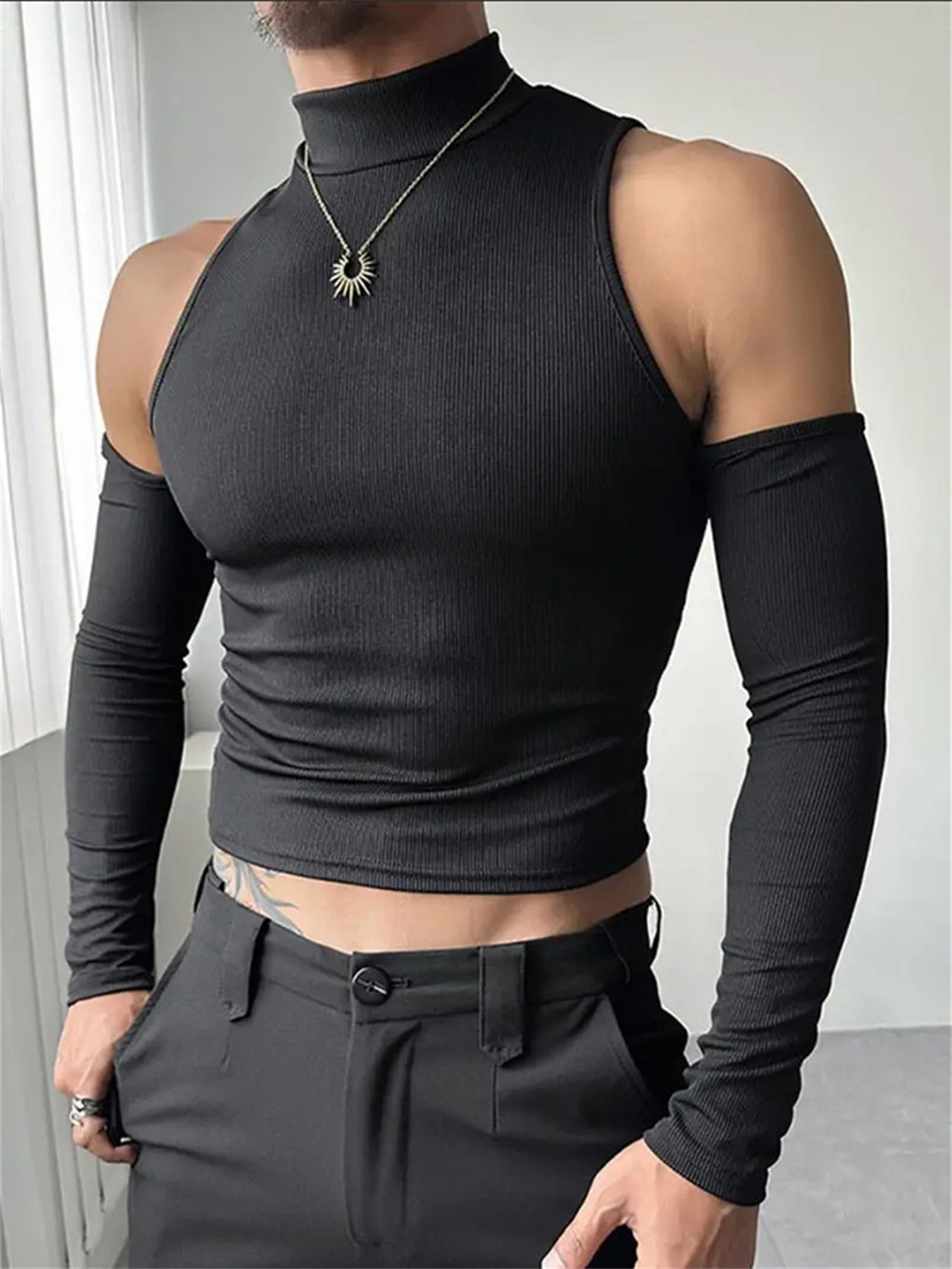 Mens Cold Shoulder Top Casual Pullover Skinny Long Sleeve T-Shirt Sexy Crop Tops gallery