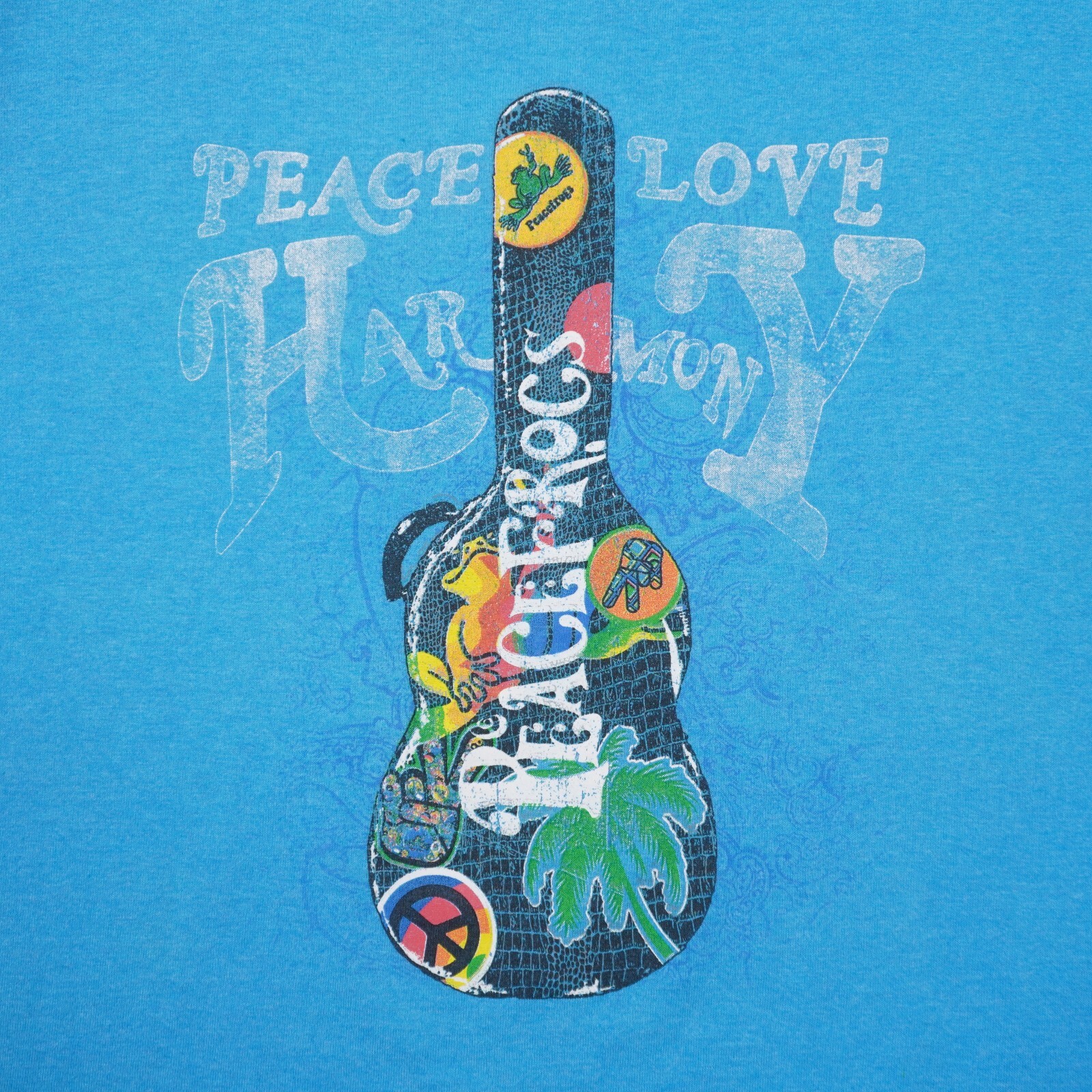 Peace Frogs Peace Love Harmony Guitar T Shirt Mens Medium Blue 50/50 Short Slv gallery