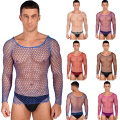 Men Fishnet See Through Muscle Tops Long Sleeve Stretch Mesh T-Shirts Club Party