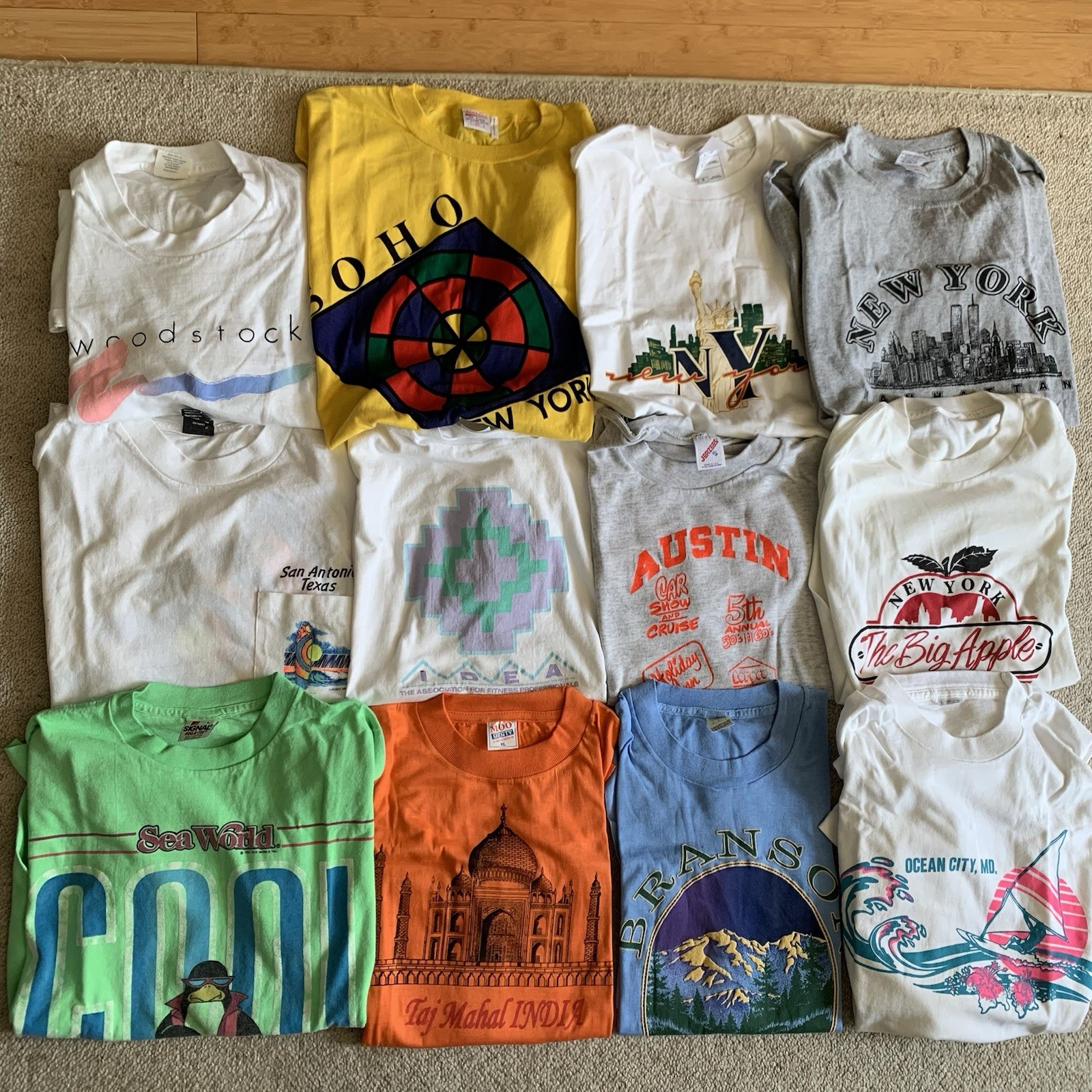 Lot of 12 Vintage T Shirts Travel 80s-Y2K. Soho NYC, WTC, India, Austin, Branson gallery