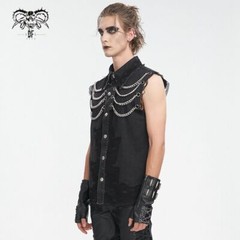 Devil Fashion Men Black Gothic Punk Chain Deco Top Net Splicing Sleeveless Shirt