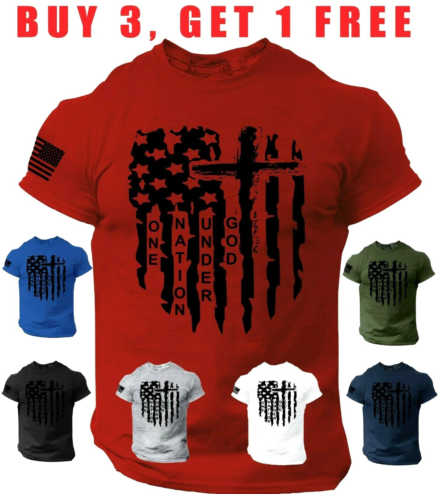 USA Flag T Shirt one nation under god Army Jesus cross Christian Tee S-3XL gallery