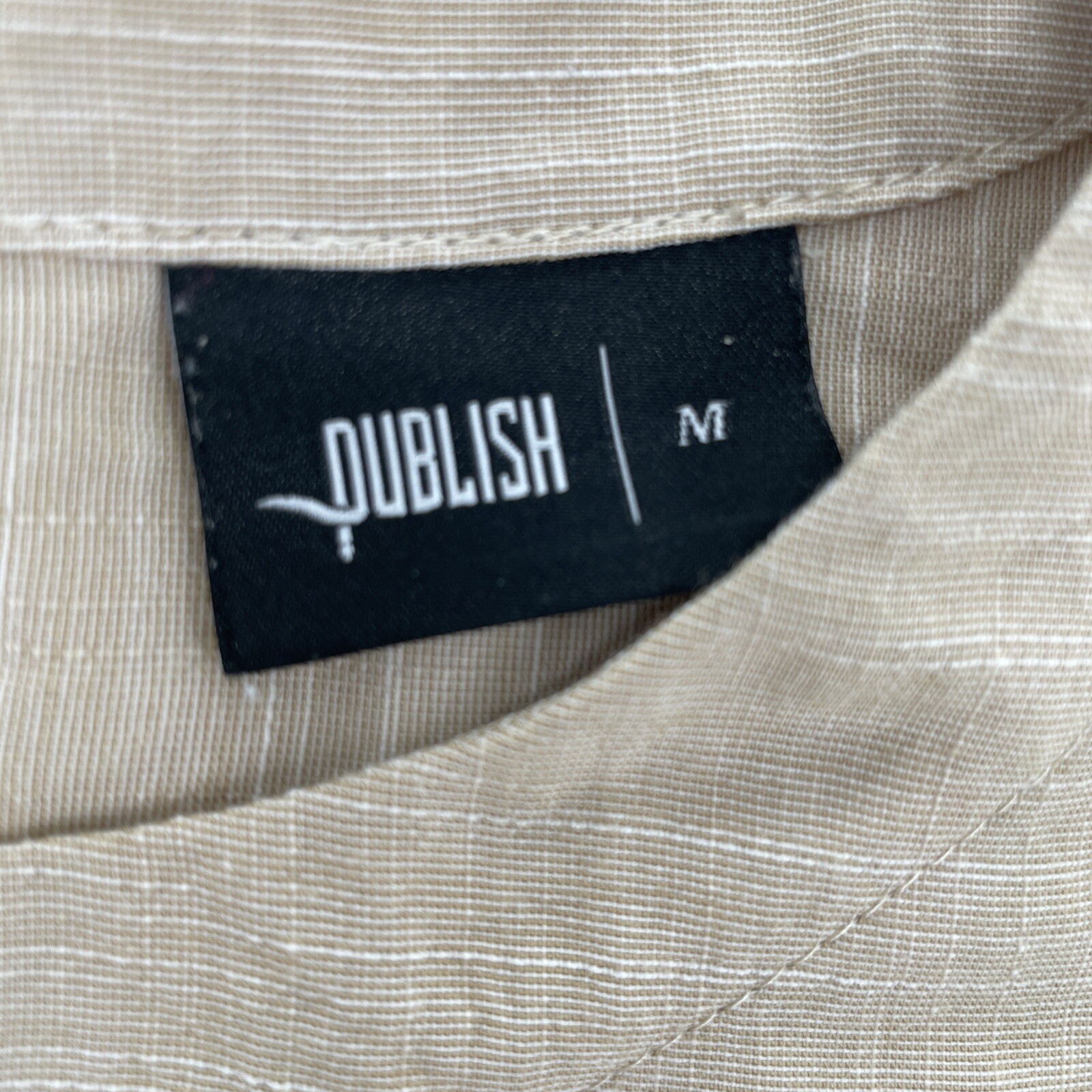 Publish Brand Shirt Mens M Woven Scoop Neck Beige Tan Short Sleeve Snaps Solid gallery