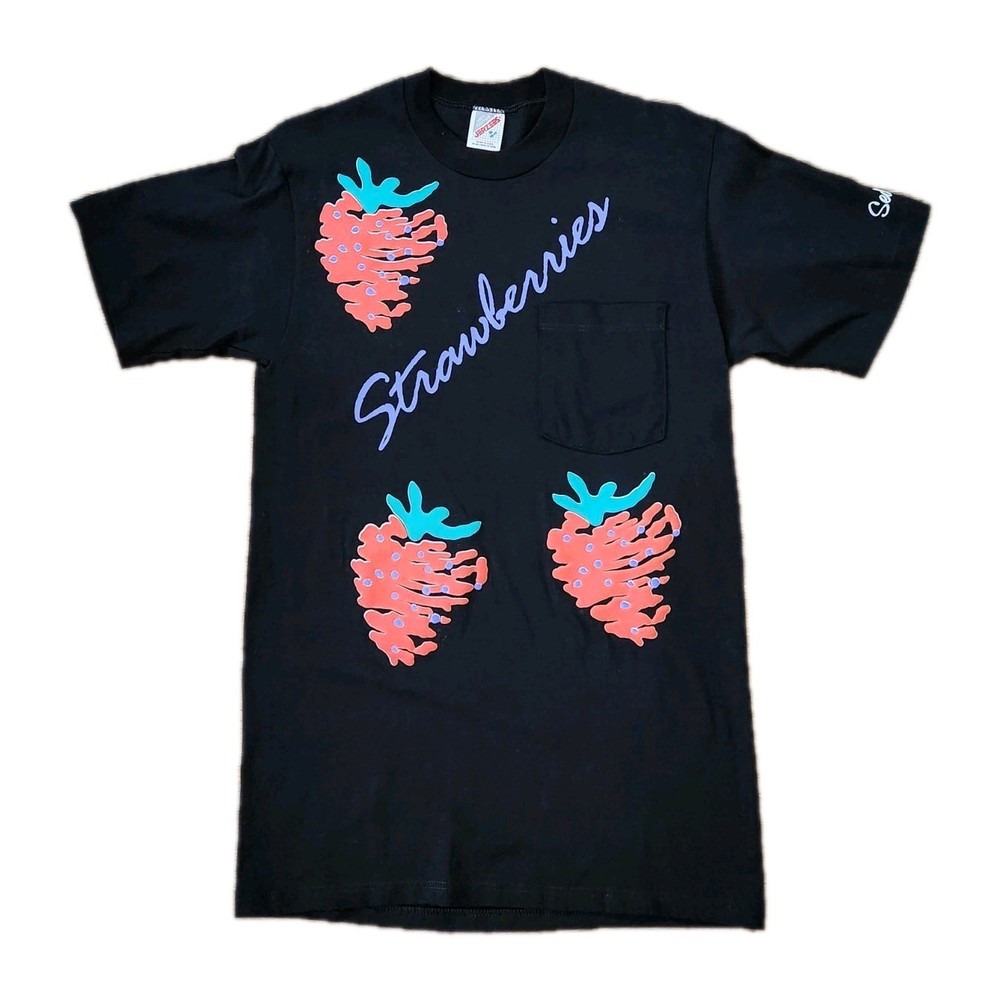 Vtg Jerzees Single Stitch Tshirt Strawberries Sedona AZ Puff Paint Unisex Black