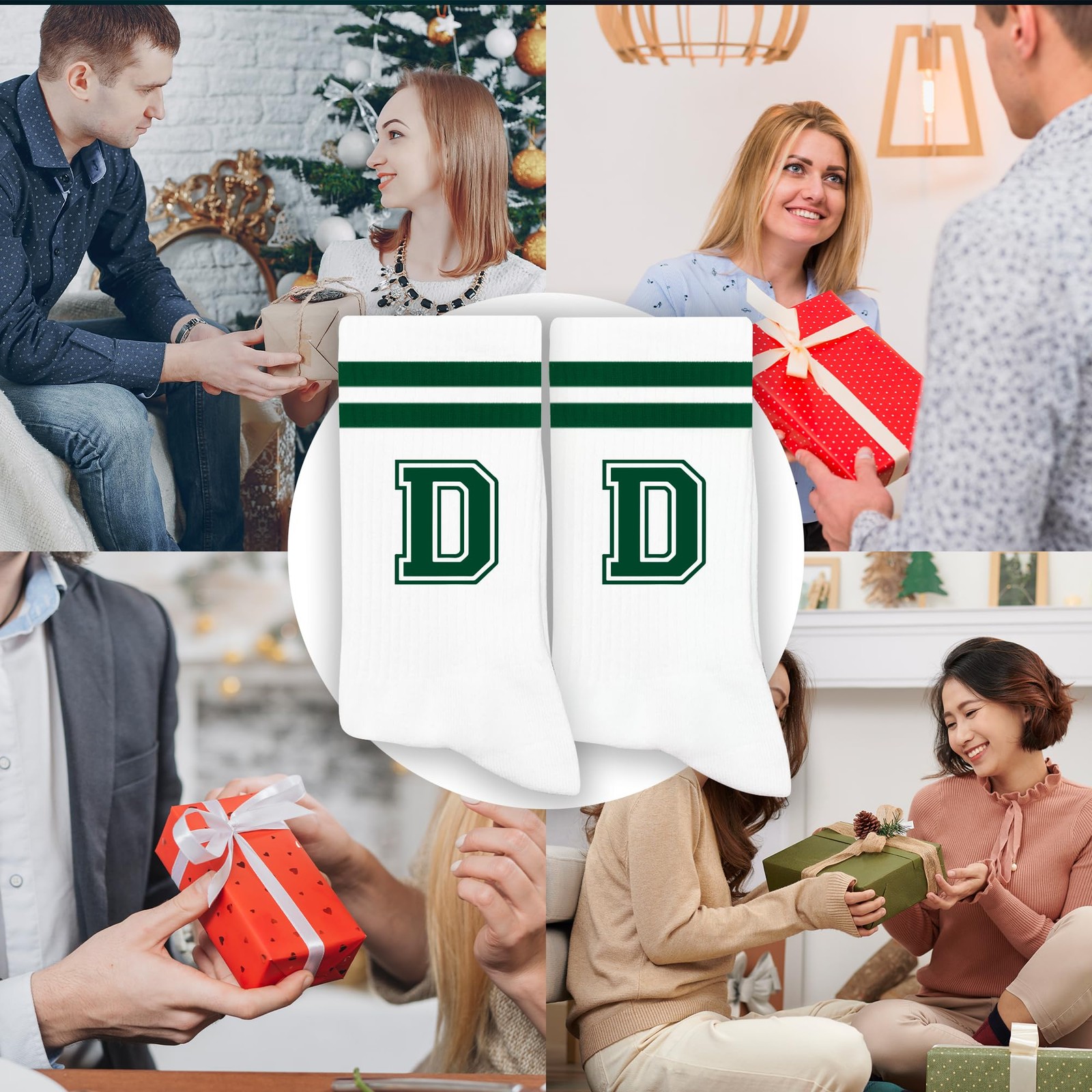 Dark Green Initial Stripes Socks with Letter D, Retro Athletic Style Socks, P... gallery