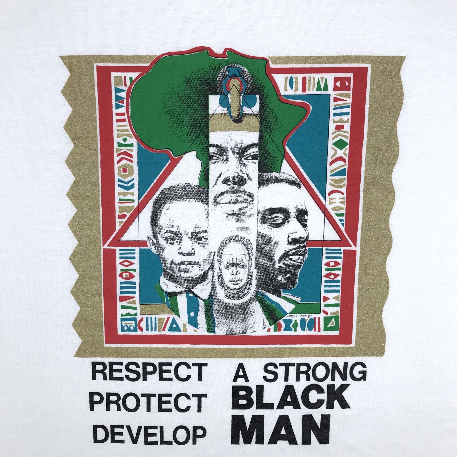 vtg 80s STRONG BLACK MAN RESPECT PROTECT T-Shirt L/XL single stitch hip hop gallery