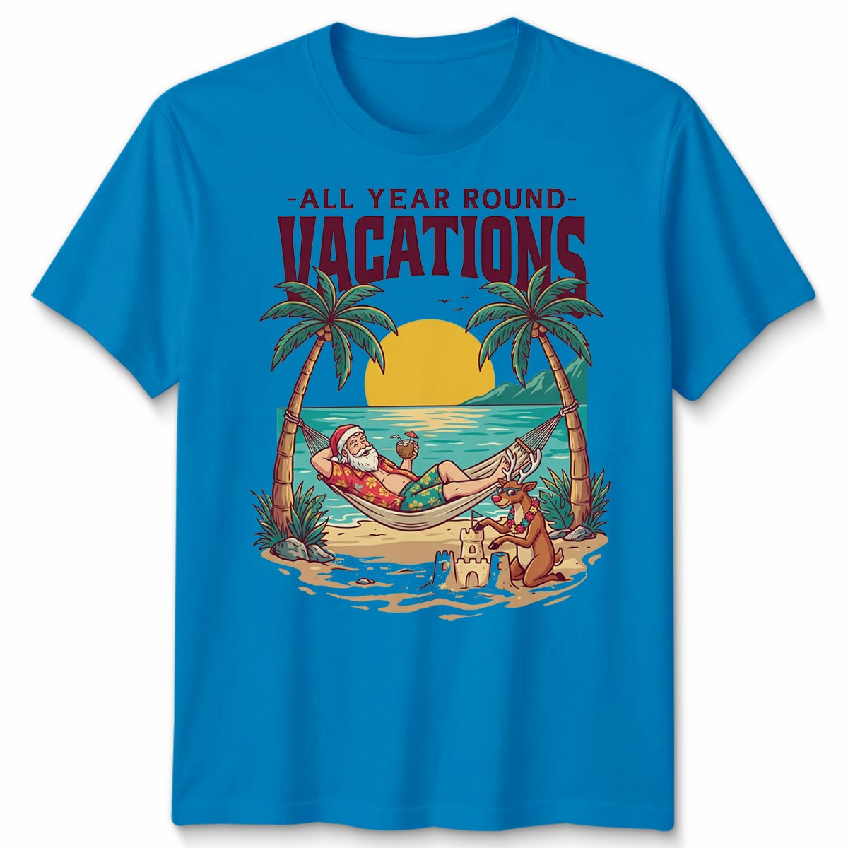 All Year Round Vacations Christmas Santa Reindeer Beach Graphic Unisex Tee gallery