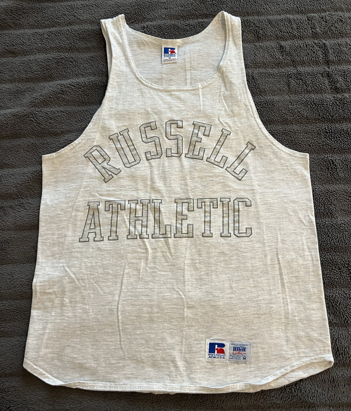 Russell Athletic Vintage 1990s Heather Gray Arch Logo USA Made Tank Top Shirt M