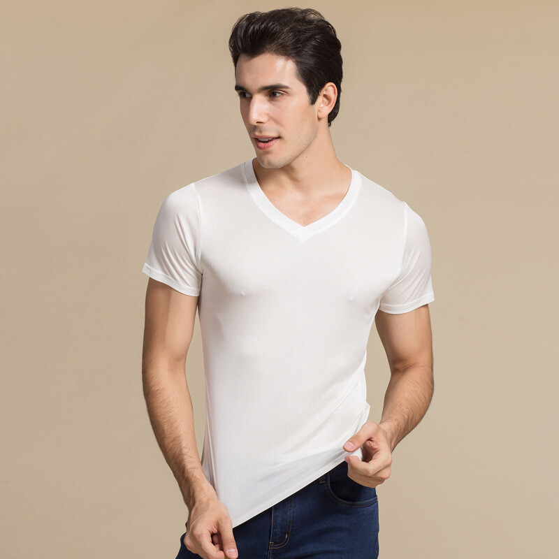 Men 100% Mulberry Silk Knitted V Neck T Shirts Underwear Short Sleeve Tops Shirt gallery