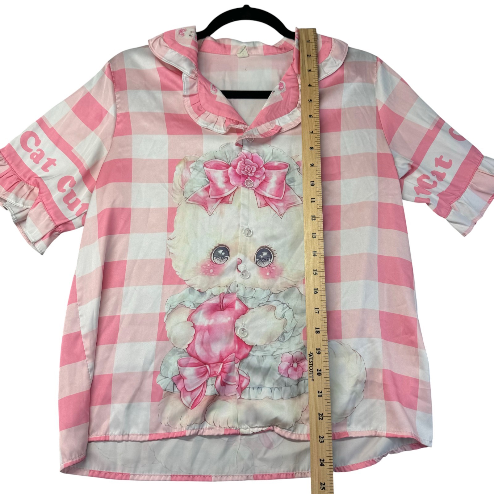 Cute Cat Shirt Women's Large Pink White Plaid Short Sleeve Queen Cartoon Blouse gallery