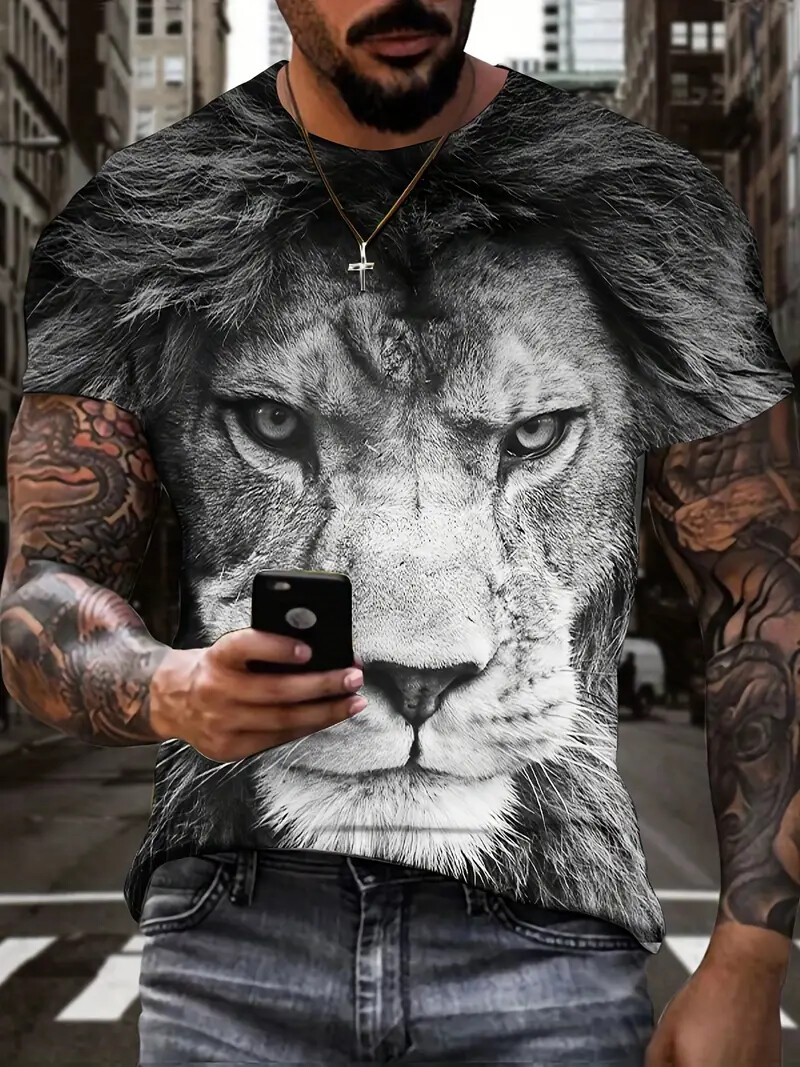 T Shirt Men Black White Lion Face Graphic Print Fashion Wicking Tee Short Sleeve gallery