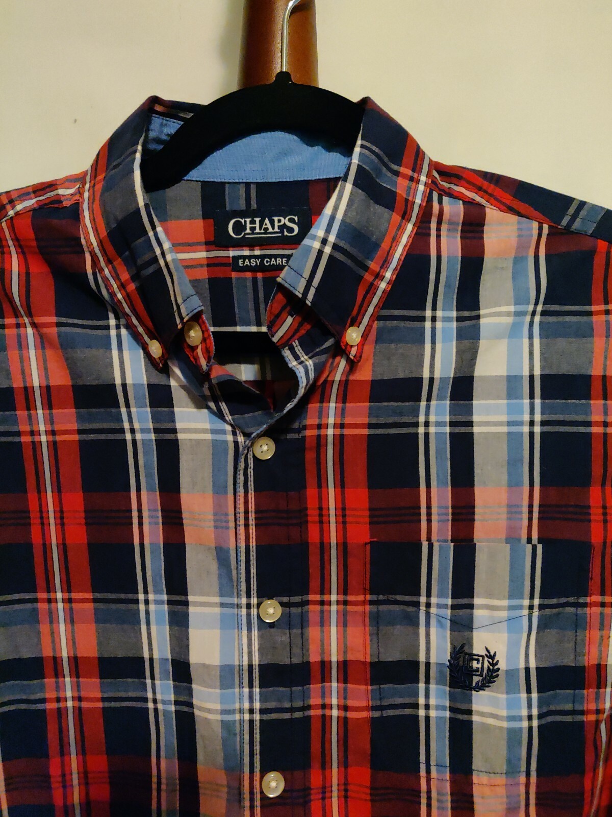 Chaps Easy Care men's size S shirt LS red blue plaid collar button up EUC gallery
