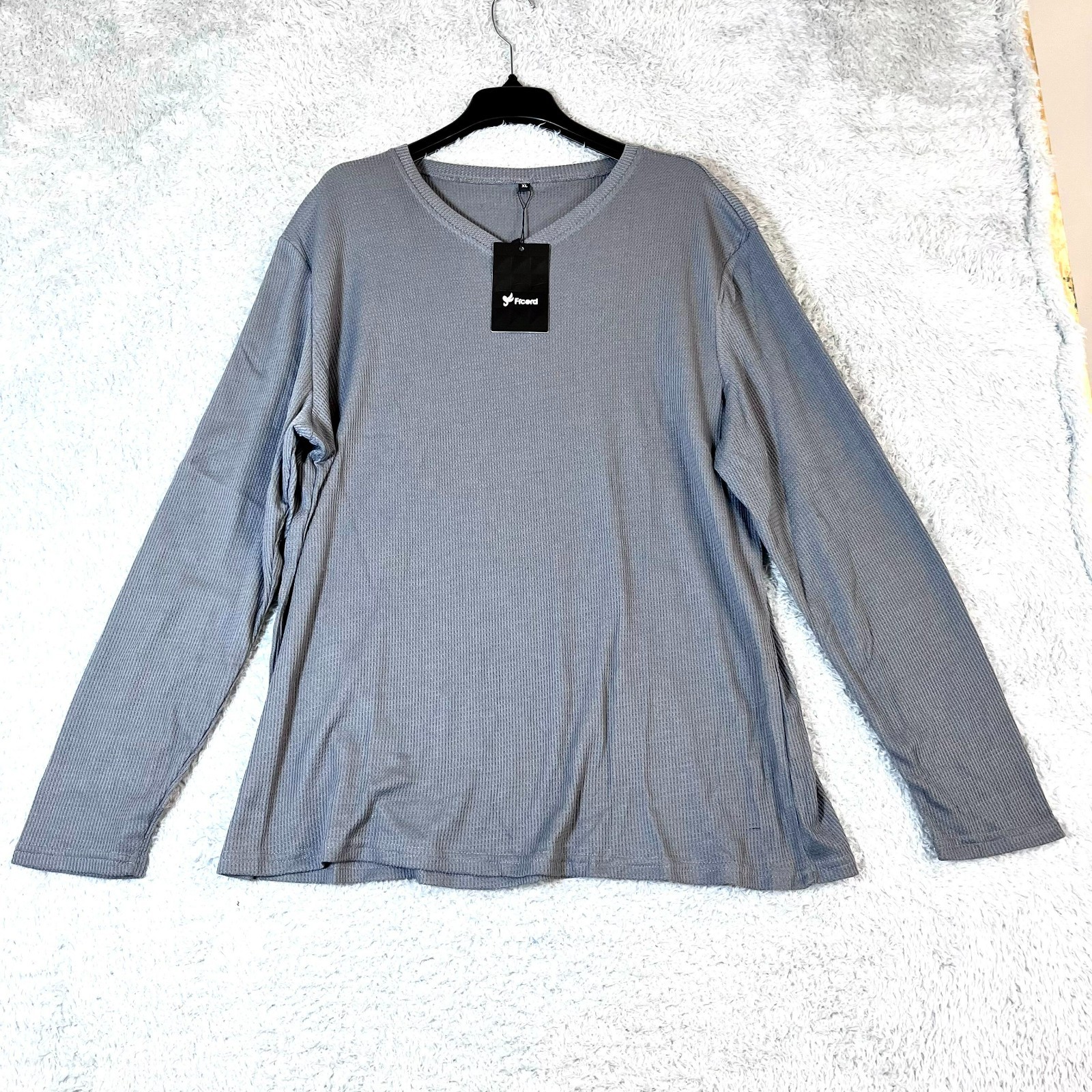Ficerd Men's Solid Gray V-neck Long Sleeve Thermal Waffle T-Shirt Size XL gallery