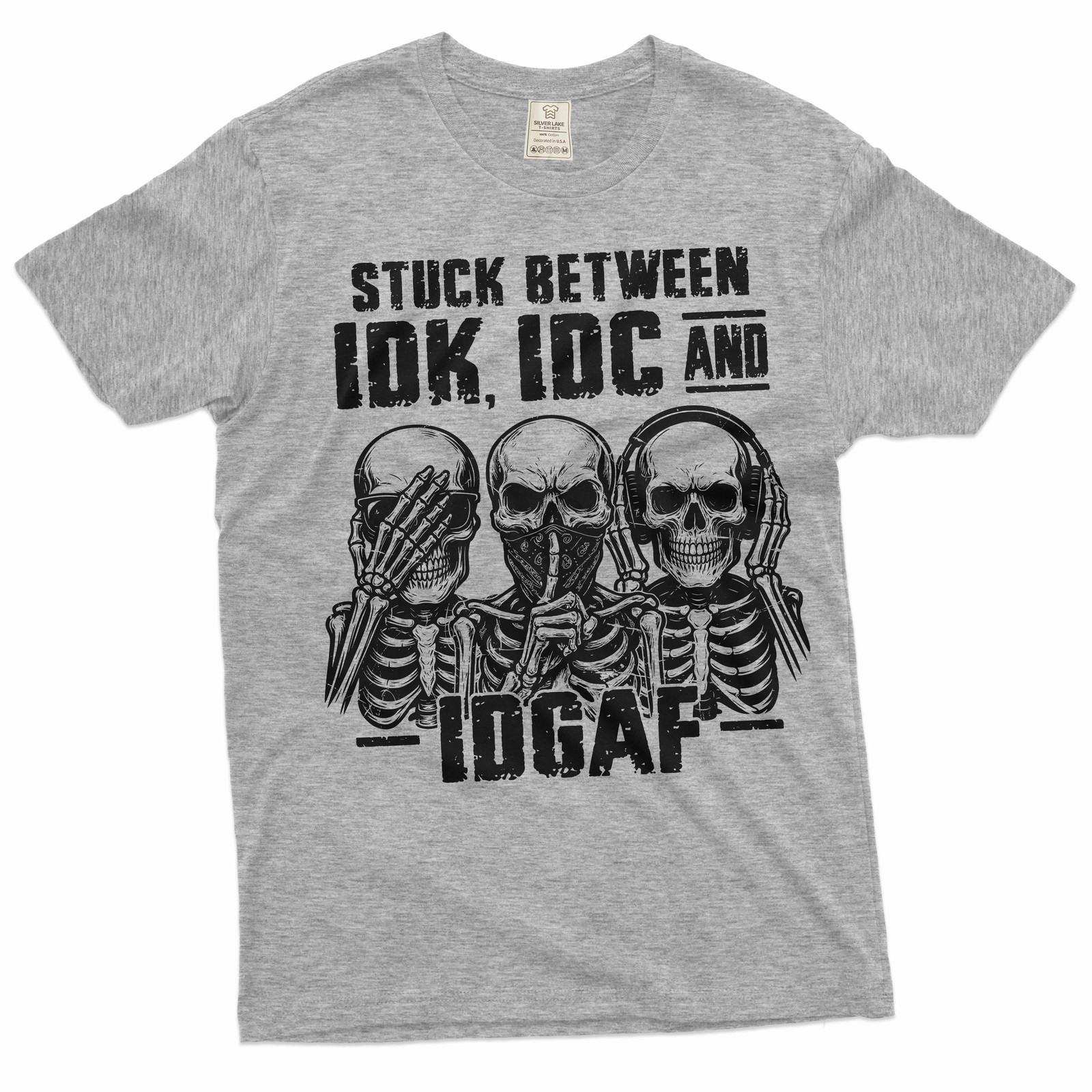 Men's Funny T-shirt Skeleton Shirt Humorous Gift Idk Idc and Idgaf Shirt gallery