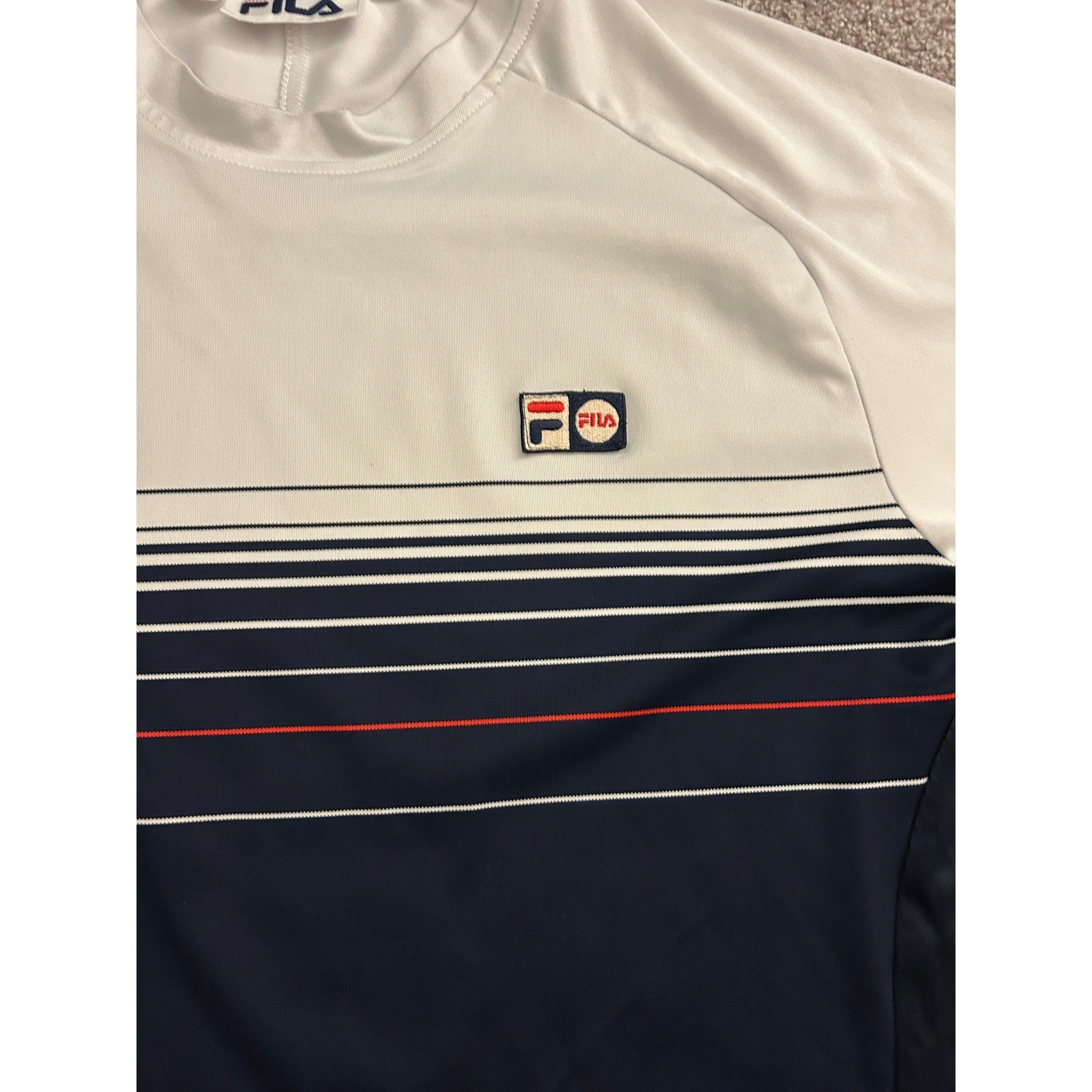 Fila Performance T-Shirt Mens Large Navy White Excellent Striped Athletic Top gallery