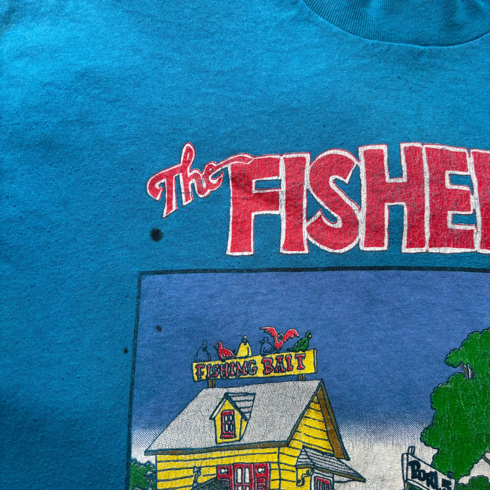 1991 The Fisherman Lake Cartoon Men's Blue T-Shirt Size L John Holladay 90s Vtg gallery