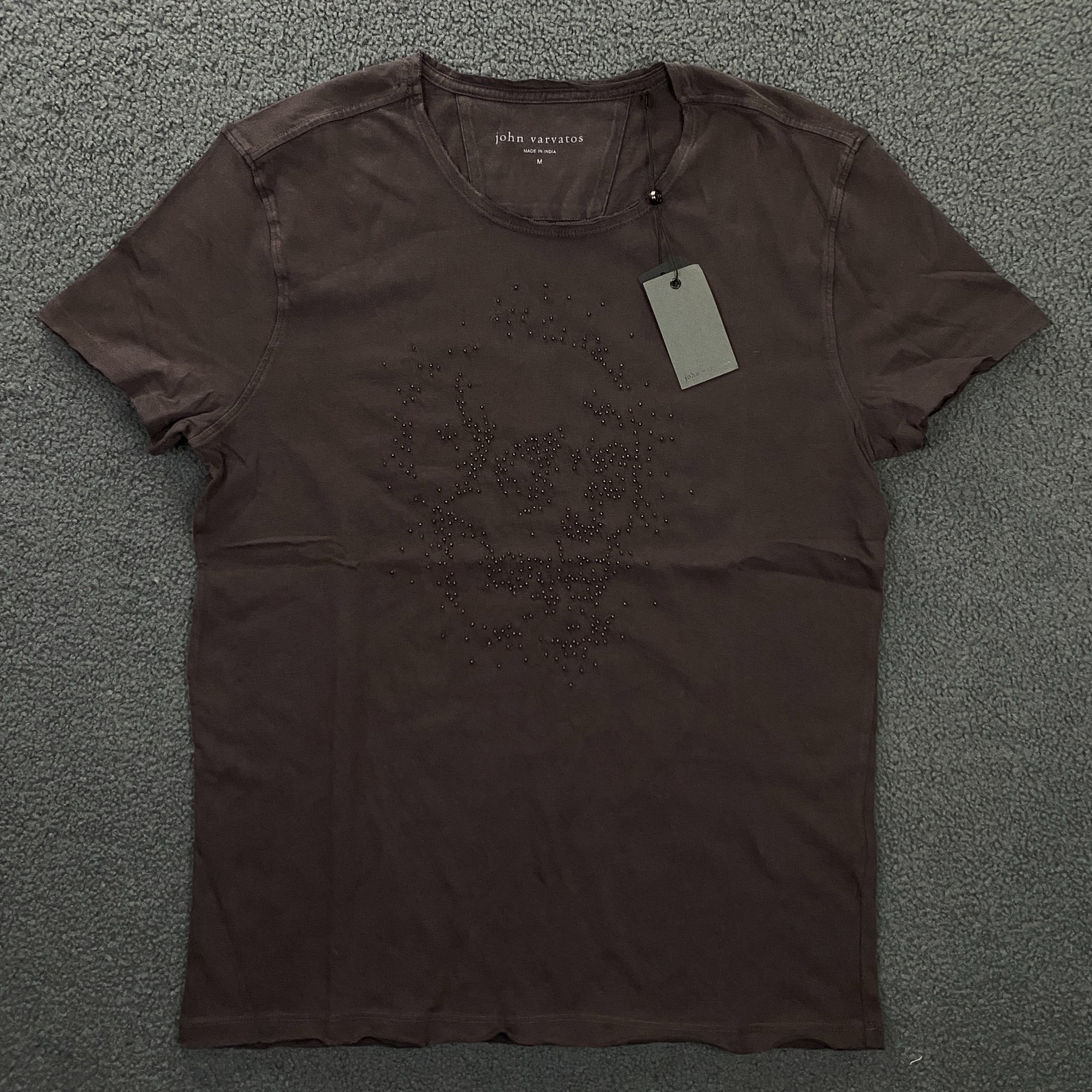 $168 John Varvatos Beaded Skull Raw Edge T-Shirt Mens Medium Oxblood Cotton Tee gallery