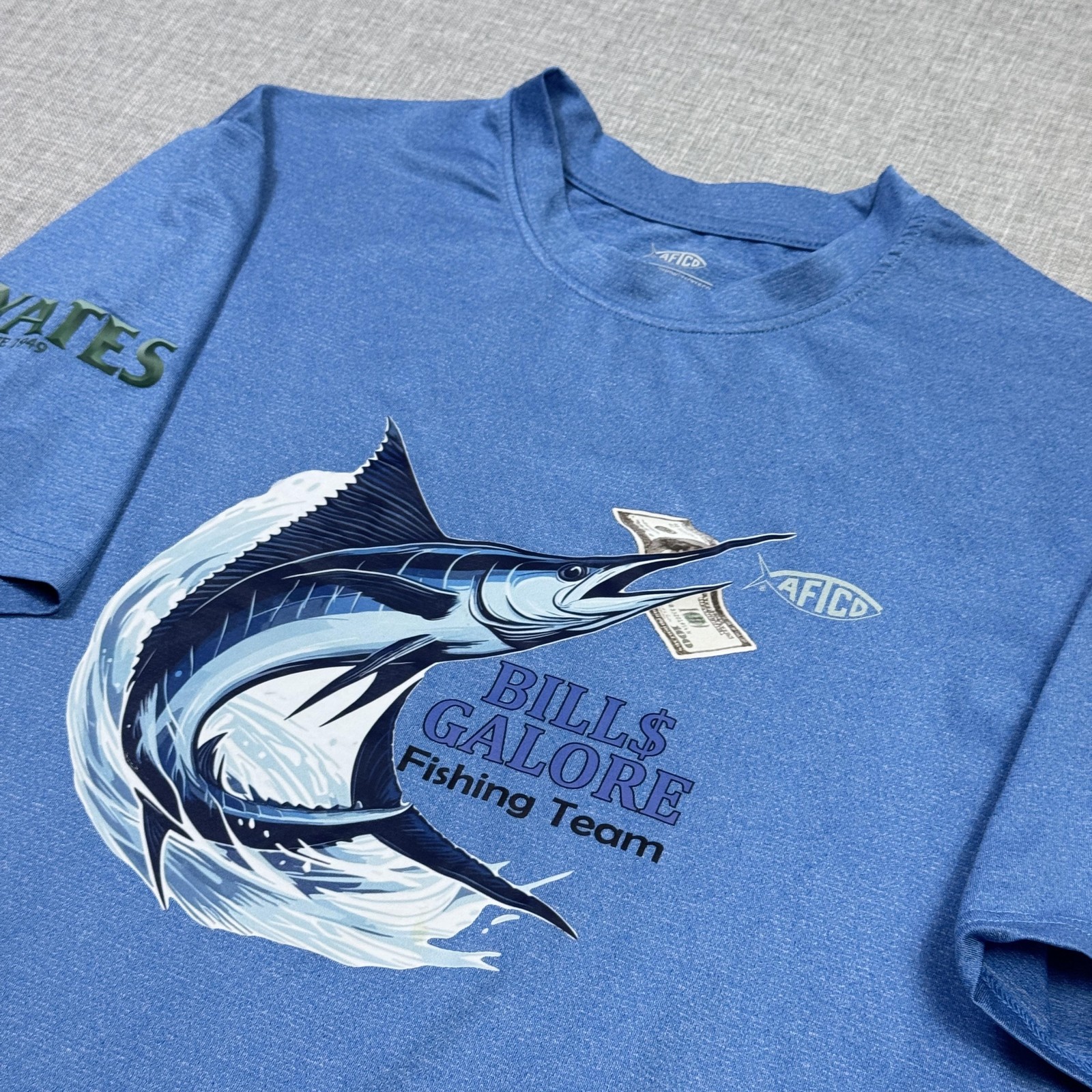 AFTCO Shirt Mens Medium Blue Bills Galore Fishing Team Graphic Moisture Wicking