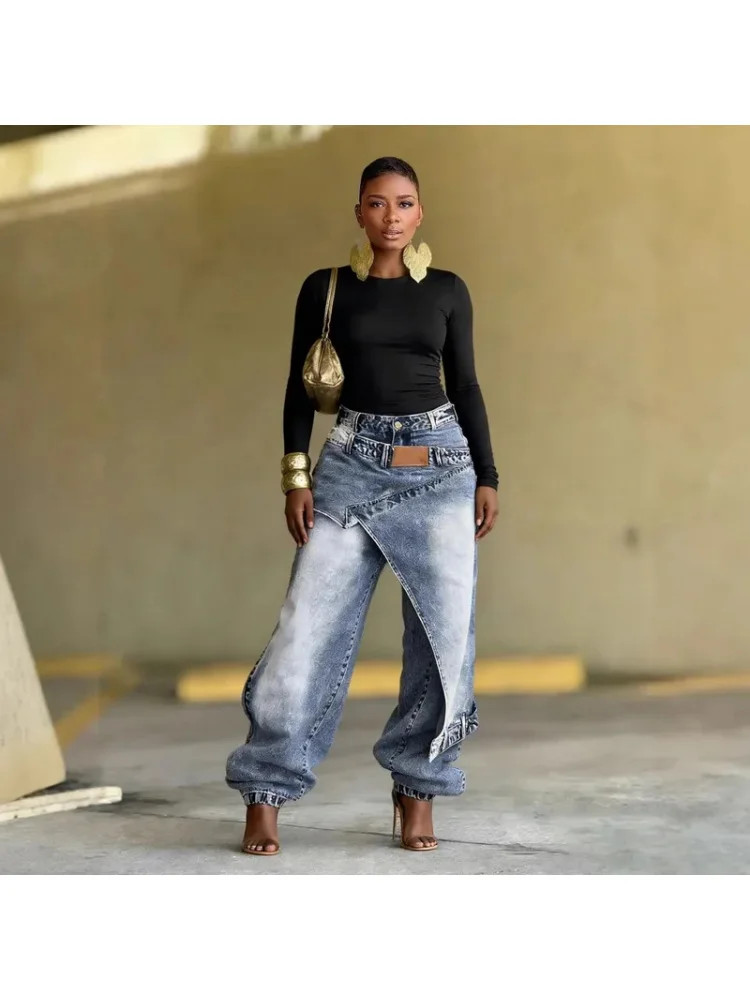 new Ethnic Print Wide Leg Jeans – Asymmetric High Waist Denim gallery