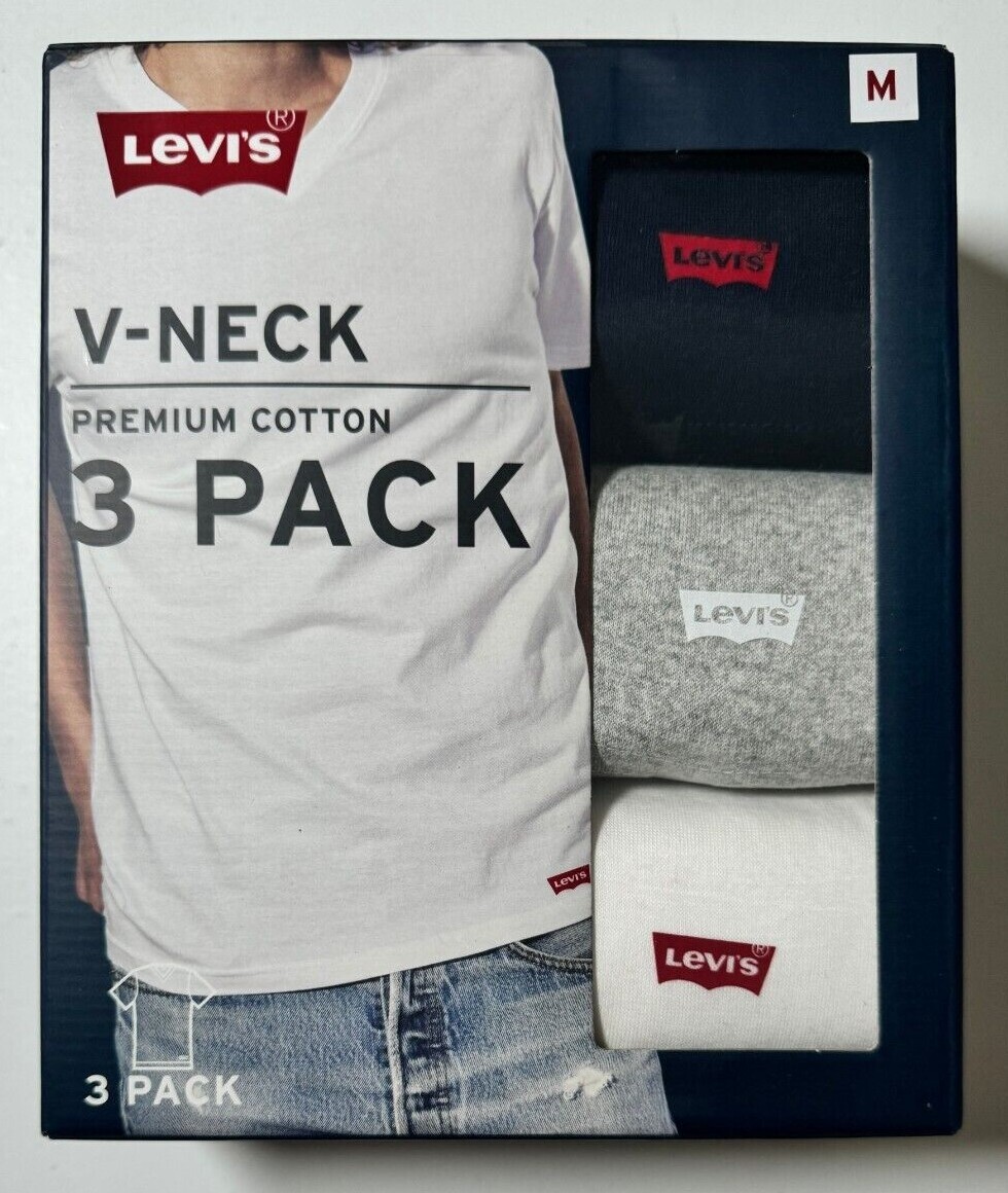 NEW Levi’s Men’s Tees T-Shirts 3 Pack M L White Gray Black V-Neck Cotton V1